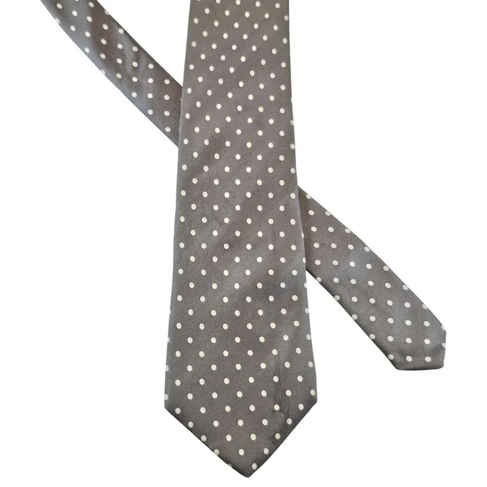 Bert Pulitzer Mens Silk Necktie Gray White Polka Dot Tie Handmade USA 60”